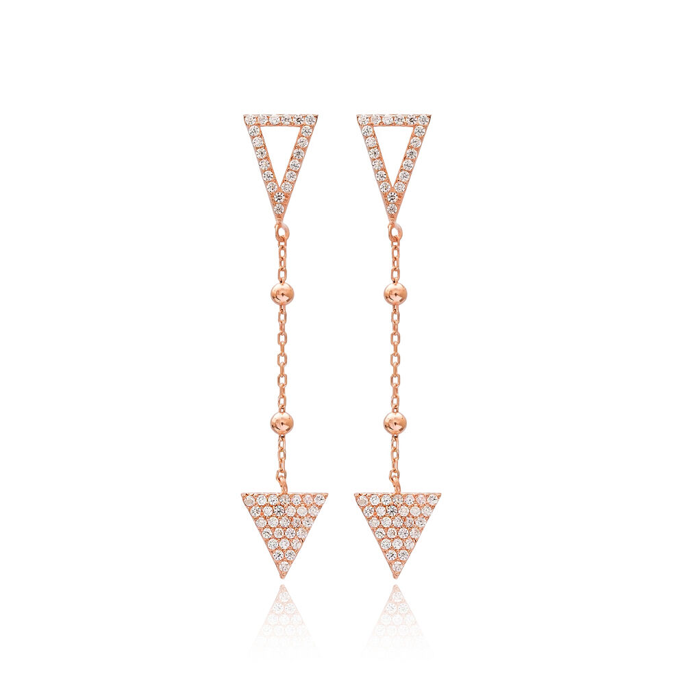 Triangle Geometric Shape Zircon Stone Design Long Earrings Turkish Handcrafted Wholesale Jewelry 925 Silver Sterling Earrings