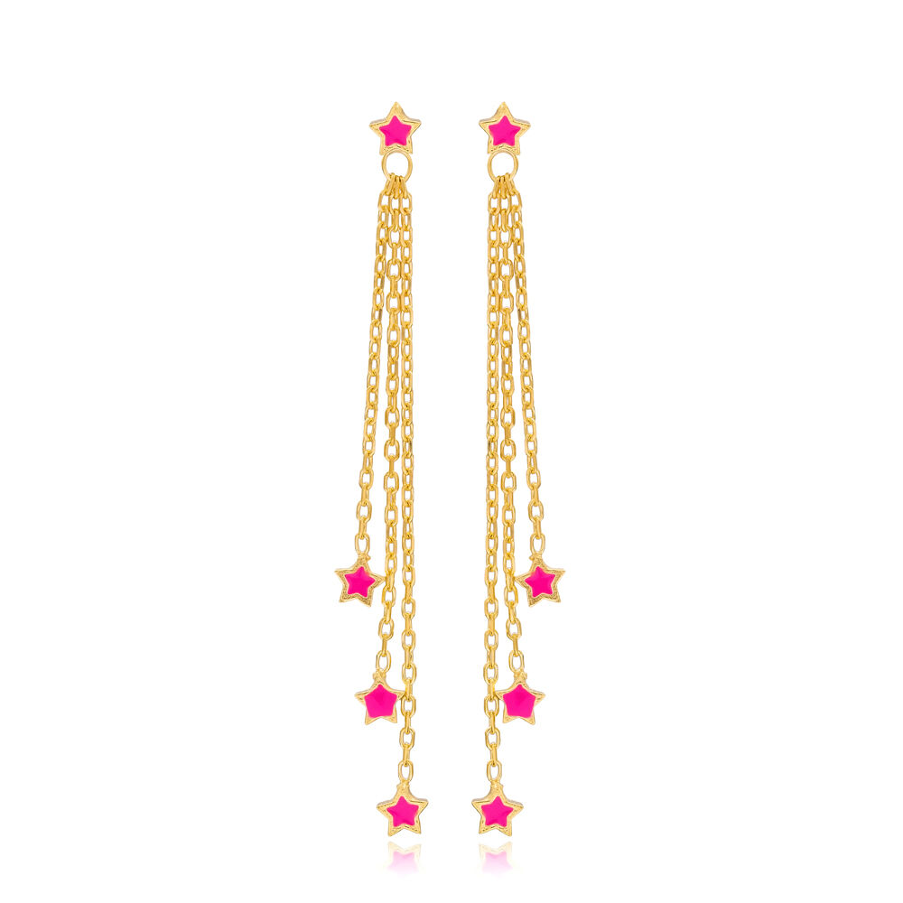 Pink Enamel Minimal Star Design Charm Long Earrings Turkish Handmade Wholesale Jewelry 925 Silver Sterling Jewelry