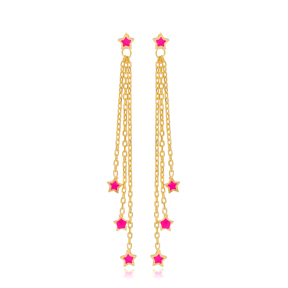 Pink Enamel Minimal Star Design Charm Long Earrings Wholesale Turkish Handmade 925 Silver Sterling Jewelry