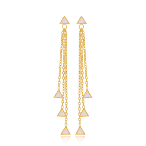 White Enamel Minimal Triangle Design Charm Long Earrings Wholesale Turkish Handmade 925 Silver Sterling Jewelry