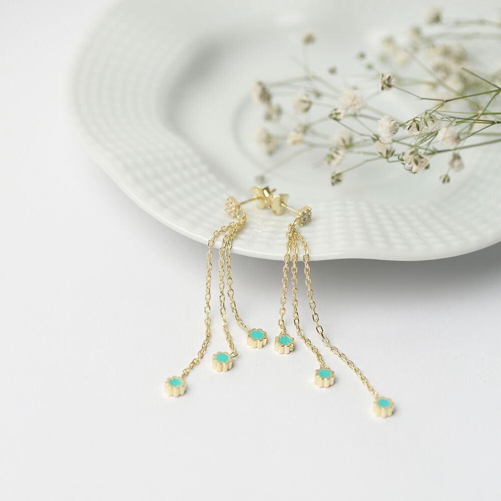 Green Enamel Minimal Flower Design Charm Long Earrings Wholesale Turkish Handmade 925 Silver Sterling Jewelry