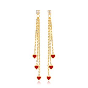Red Enamel Heart Charm Long Earrings 925 Silver Jewelry