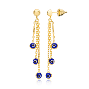 Navy Blue Evil Eye Design Charms Long Earrings Wholesale Turkish Handmade 925 Silver Sterling Jewelry