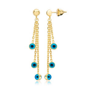 Elegant Turquoise Evil Eye Design Charms Long Earrings Wholesale Turkish Handmade 925 Silver Sterling Jewelry
