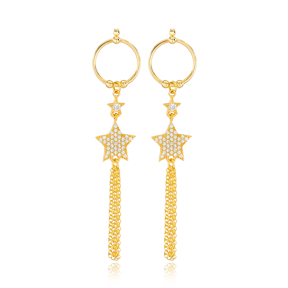 Star and Round Hollow Design Tassel Earrings Wholesale Turkish Handmade 925 Sterling Silver Jewelry