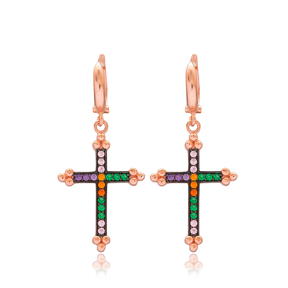 Rainbow Cross Design Dangle Earrings Turkish Wholesale Handmade 925 Sterling Silver Jewelry
