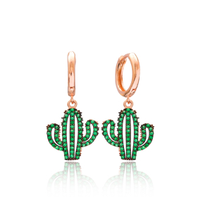 Green Cactus Dangle Earring Handmade Turkish 925 Sterling Silver Jewelry