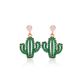 Green Cactus Dangle Earring Handmade Turkish 925 Sterling Silver Jewelry