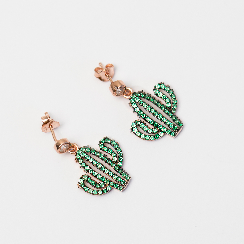 Green Cactus Dangle Earring Handmade Turkish 925 Sterling Silver Jewelry