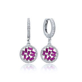 Ruby Stone Baguette Elegant Dangle Earring Turkish Wholesale 925 Sterling Silver Jewelry