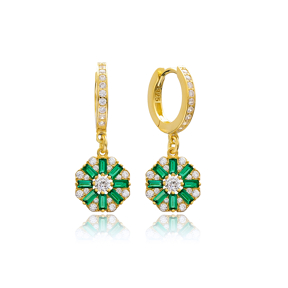 Flower Design Emerald Stone 925 Sterling Silver Wholesale Turkish Dangle Earring