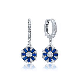 Sapphire Stone Flower Design 925 Sterling Silver Wholesale Turkish Dangle Earring