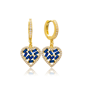 Heart Design Sapphire Stone Baguette Wholesale Earring Turkish 925 Sterling Silver Jewelry