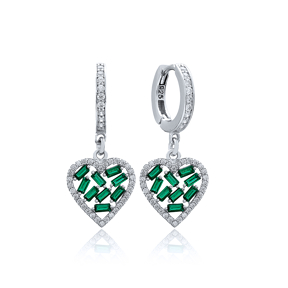 Emerald Stone Baguette Heart Design Wholesale Earring Turkish 925 Sterling Silver Jewelry