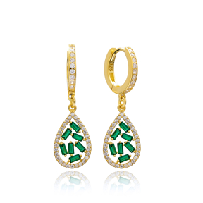 Emerald Stone Drop Design Dangle Earring Turkish Wholesale 925 Sterling Silver Jewelry