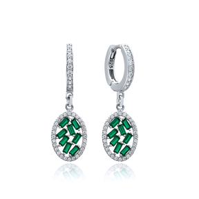 Oval Shape Emerald Stone Dangle Earring Turkish Wholesale 925 Sterling Silver Jewelry