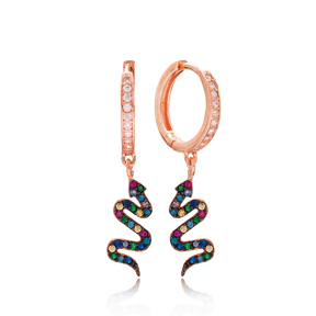 Rainbow Stone Elegant Snake Design Dangle Earrings Turkish Wholesale Handmade 925 Sterling Silver Jewelry