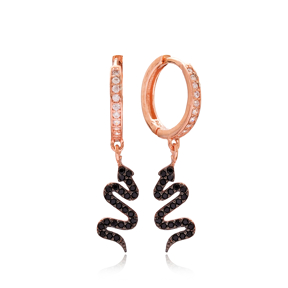 Black Zircon Snake Design Dangle Earrings Turkish Wholesale Handmade 925 Sterling Silver Jewelry
