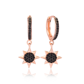 Ø14 mm Sized North Star Design Dangle Earrings Turkish Wholesale Handmade 925 Sterling Silver Jewelry
