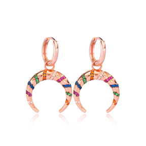 Rainbow Stone Moon Design Dangle Earrings Turkish Wholesale Handmade 925 Sterling Silver Jewelry