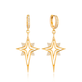 Unique North Star Design Zircon Stone Dangle Earrings Turkish Wholesale Handmade 925 Sterling Silver Jewelry