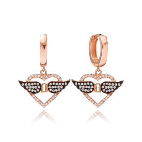 Heart and Wing Design Zircon Dangle Earring Turkish Wholesale Handmade 925 Sterling Silver Jewelry