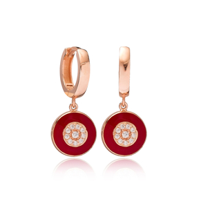 Red Enamel Round Zircon Dangle Earring Turkish Wholesale Handmade 925 Sterling Silver Jewelry