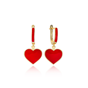 Red Enamel Heart Design Dangle Earrings Turkish Wholesale Sterling Silver Jewelry