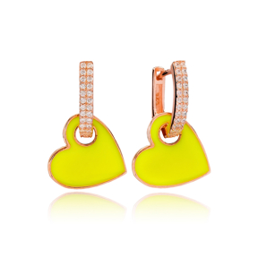 Yellow Enamel Heart Charm Dangle Earring Turkish Wholesale Handmade 925 Sterling Silver Jewelry