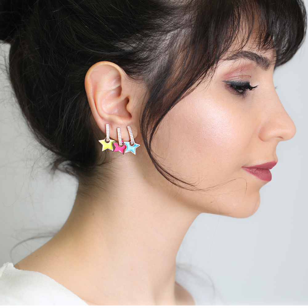 Magenta Enamel Star Charm Dangle Earring Turkish Wholesale Handmade 925 Sterling Silver Jewelry