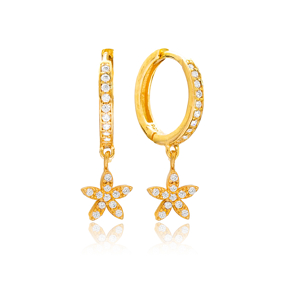 Flower Design Zircon Stone Dangle Earrings Turkish Handmade Wholesale 925 Sterling Silver Jewelry