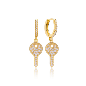Key Design Zircon Stone Dangle Earrings Turkish Handmade Wholesale 925 Sterling Silver Jewelry