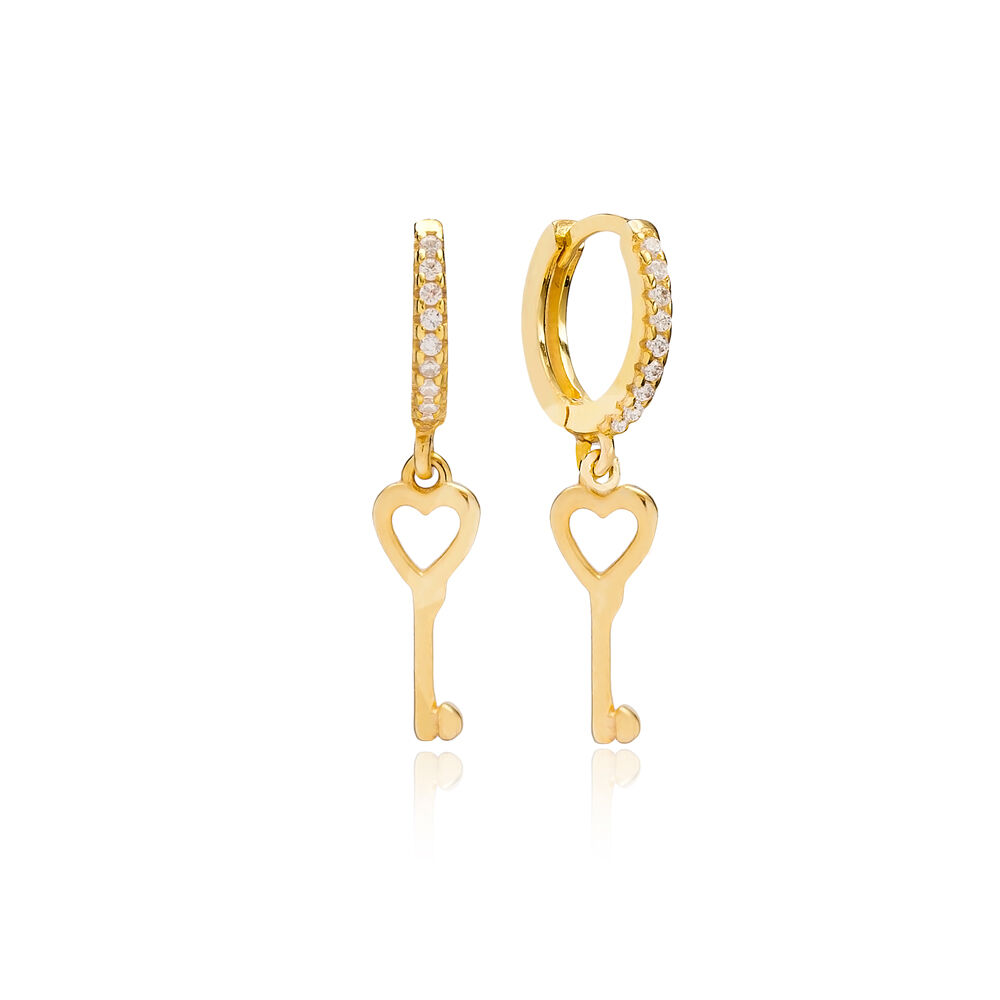 Key with Heart Design Zircon Stone Dangle Earrings Turkish Handcrafted Wholesale 925 Sterling Silver Jewelry