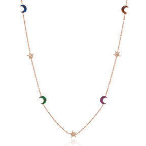 Mix Stone Star and Moon Design Turkish Wholesale Handcrafted 925 Silver Necklace