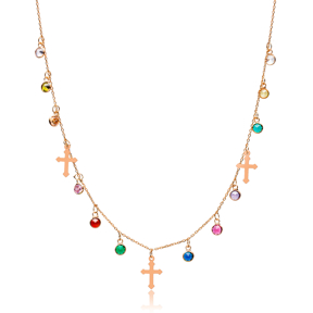 Colorful Stone Elegant Cross Design Shaker Necklace Wholesale Turkish Handcrafted 925 Silver Jewelry