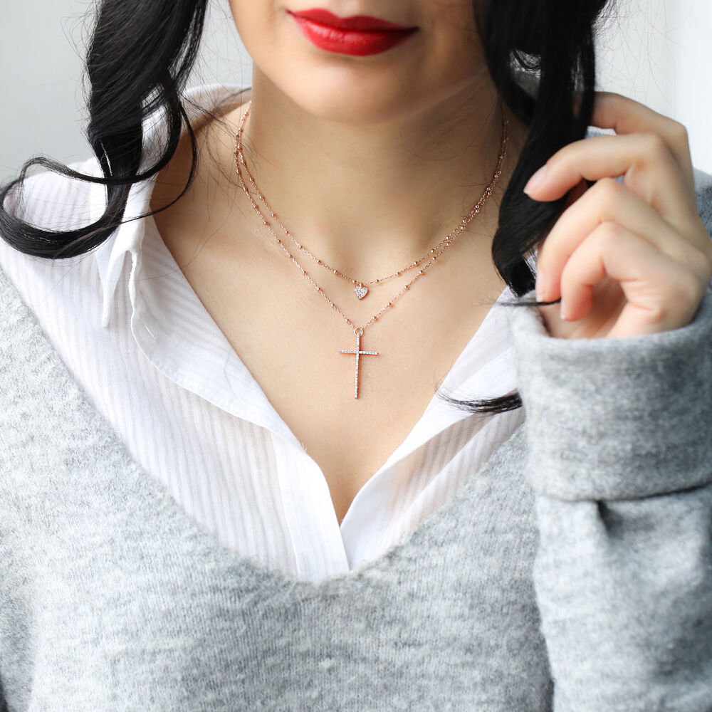 Stoned Layered Cross Pendant Turkish Wholesale Handcrafted 925 Sterling Silver Jewelry