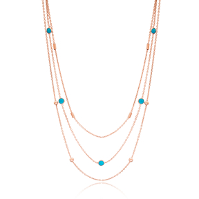 Turquoise Multi Layered Turkish Fashion 925 Sterling Silver Necklace