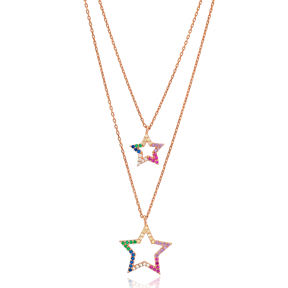 Rainbow Stone Star Charm Design Layered Necklace Wholesale 925 Sterling Silver Jewelry