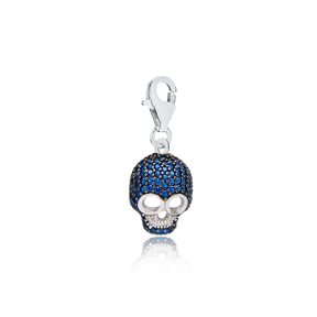 Skull With Sapphire Stone Design Charm Wholesale Handmade Turkish 925 Silver Sterling Jewelry