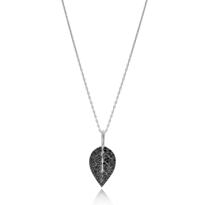 Dainty Leaf Design Black Zircon Silver Pendant Wholesale Turkish 925 Silver Sterling Necklace