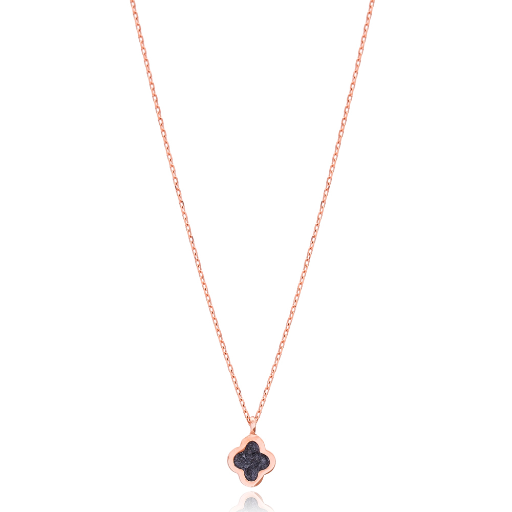 Mother of Pearl Black Enamel Clover Design Necklace Wholesale Turkish Sterling Silver Jewelry