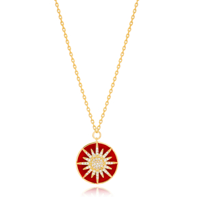 Red Enamel Sun Design Pendant Turkish Wholesale 925 Sterling Silver Jewelry