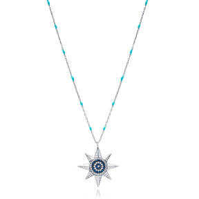 North Star Charm Blue Enamel Chain Necklace Turkish Wholesale 925 Sterling Silver Jewelry