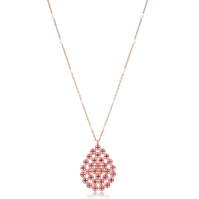 Ruby Stone Teardrop Shape White Enamel Chain Necklace Turkish Wholesale 925 Sterling Silver Jewelry