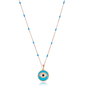 Turquoise Enamel Eye Design Blue Enamel Chain Necklace Turkish Wholesale 925 Sterling Silver Jewelry