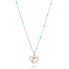 Hollow Heart White Enamel Design Turquoise Enamel Chain Necklace Turkish Wholesale 925 Sterling Silver Jewelry