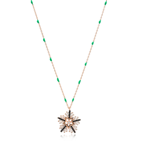 Dainty Zircon Stone Snowflake Design Green Enamel Chain Necklace Turkish Wholesale 925 Sterling Silver Jewelry
