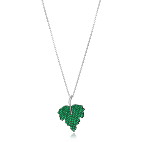 Emerald Stone Leaf Design Charm Necklace Wholesale Turkish 925 Sterling Silver Jewelry