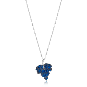 Sapphire Stone Leaf Design Charm Necklace Wholesale Turkish 925 Sterling Silver Jewelry