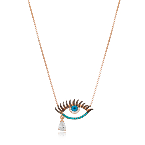 Turquoise Stone Eye And Drop Cut Zircon Stone Design Charm Necklace Wholesale Turkish 925 Sterling Silver Jewelry